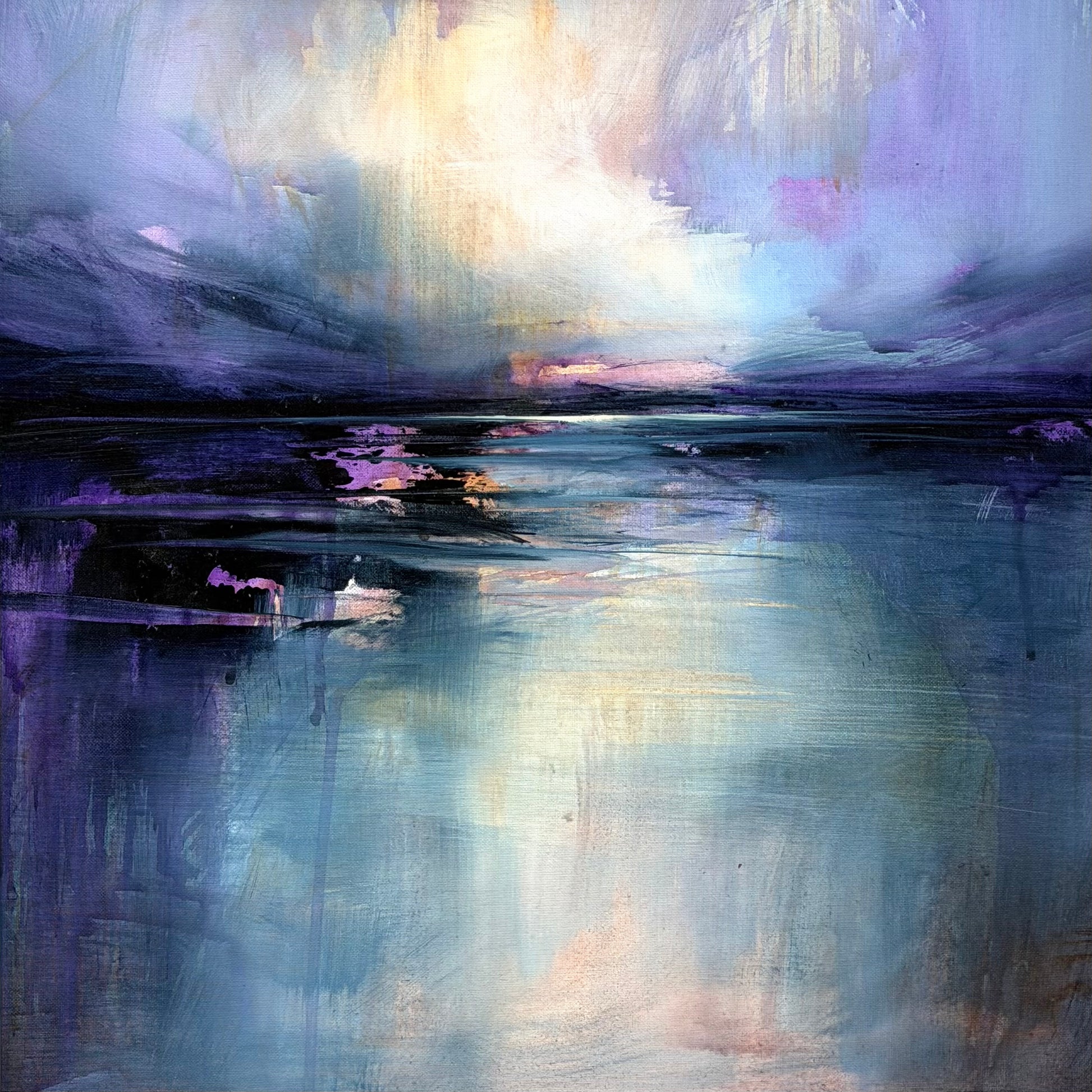Abstract art with brush strokes in purple, black, and blue