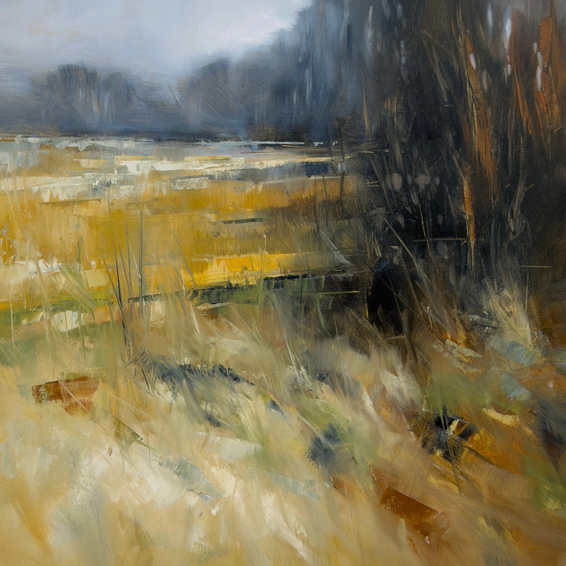 Abstract painting with a mix of yellow, brown, and gray hues.