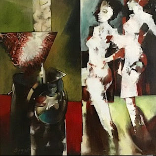 An abstract artwork with two women  side by side with geometric shapes.
