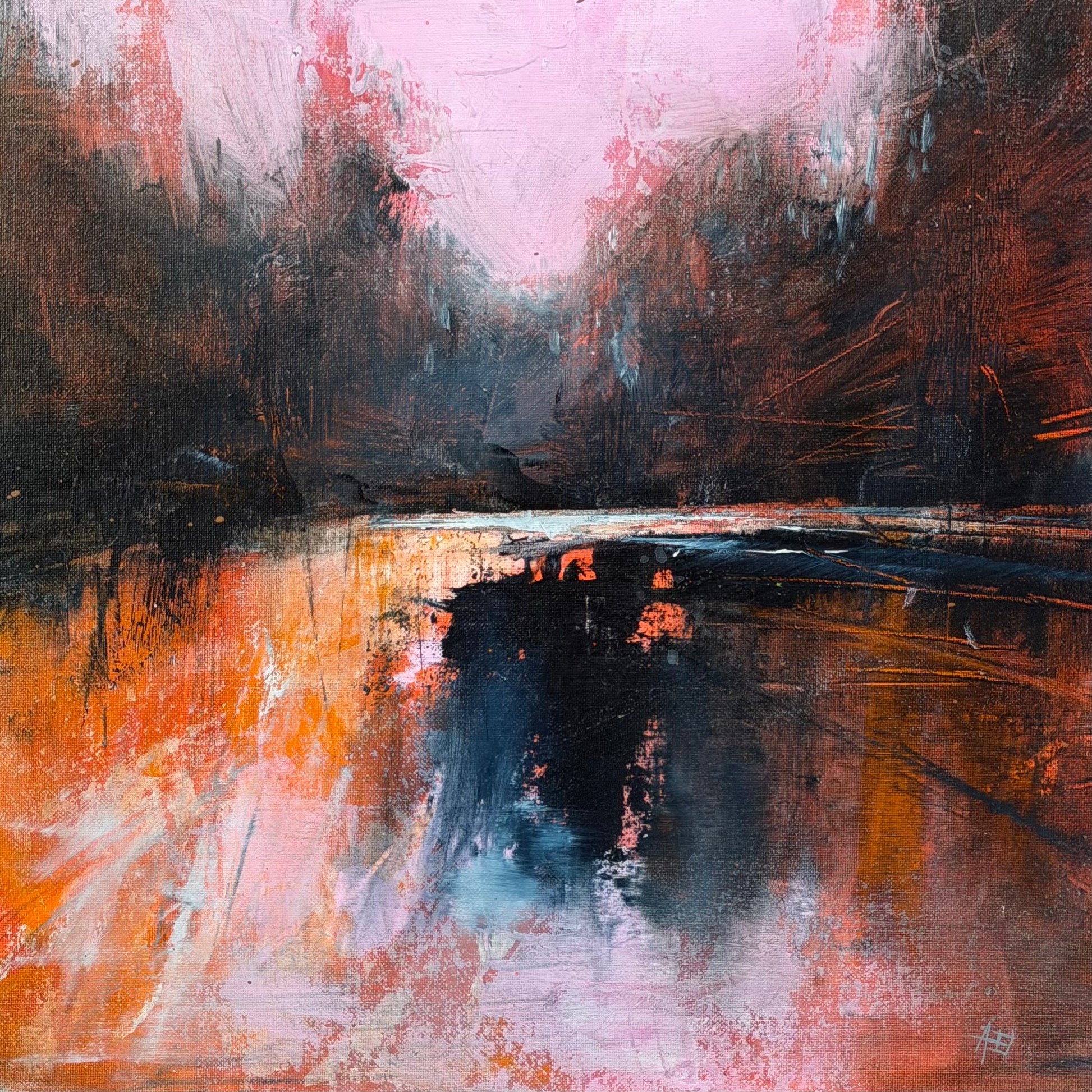 Abstract painting with a reflective surface and warm colors
