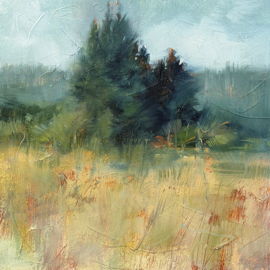 Abstract painting of a landscape with trees and fields