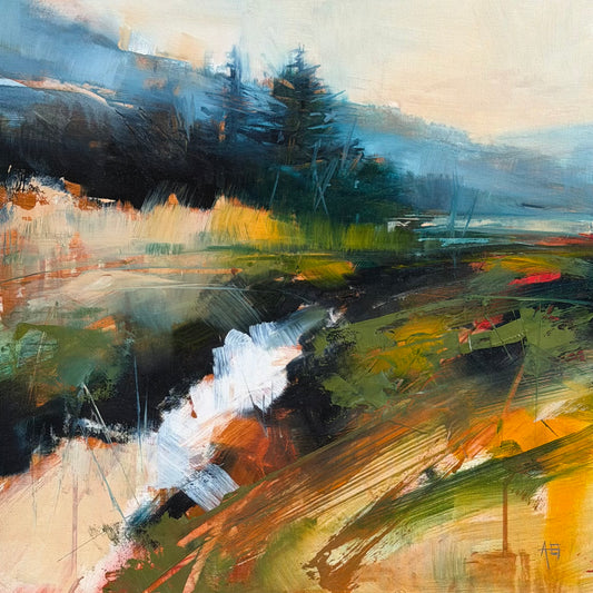 Abstract art with brush strokes in brown, black, and beige