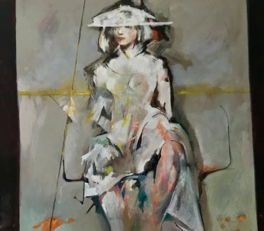 Artistic depiction of a person in a stylized manner with abstract colors and shapes.
