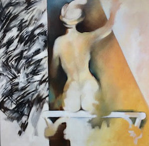 Abstract artwork with a nude figure and feather-like elements