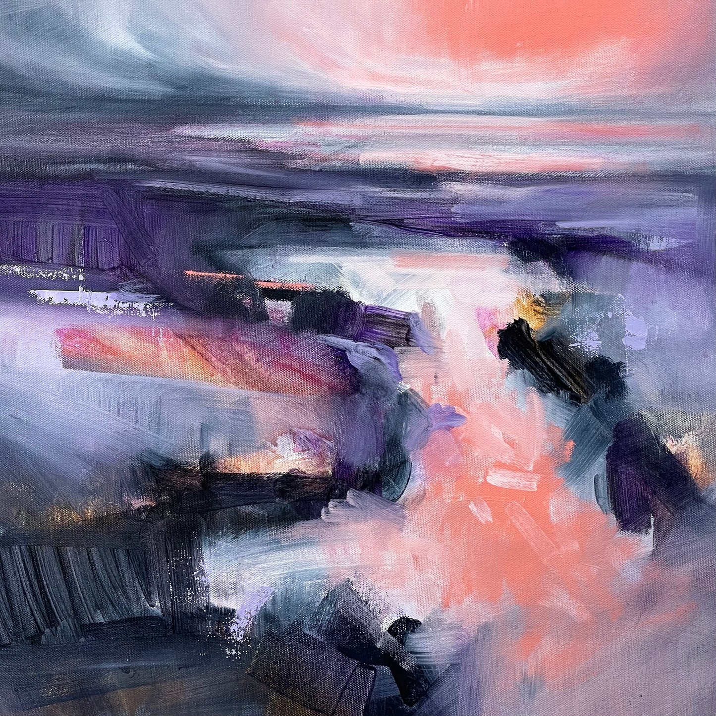 Abstract painting with a mix of purple, pink, and gray colors.