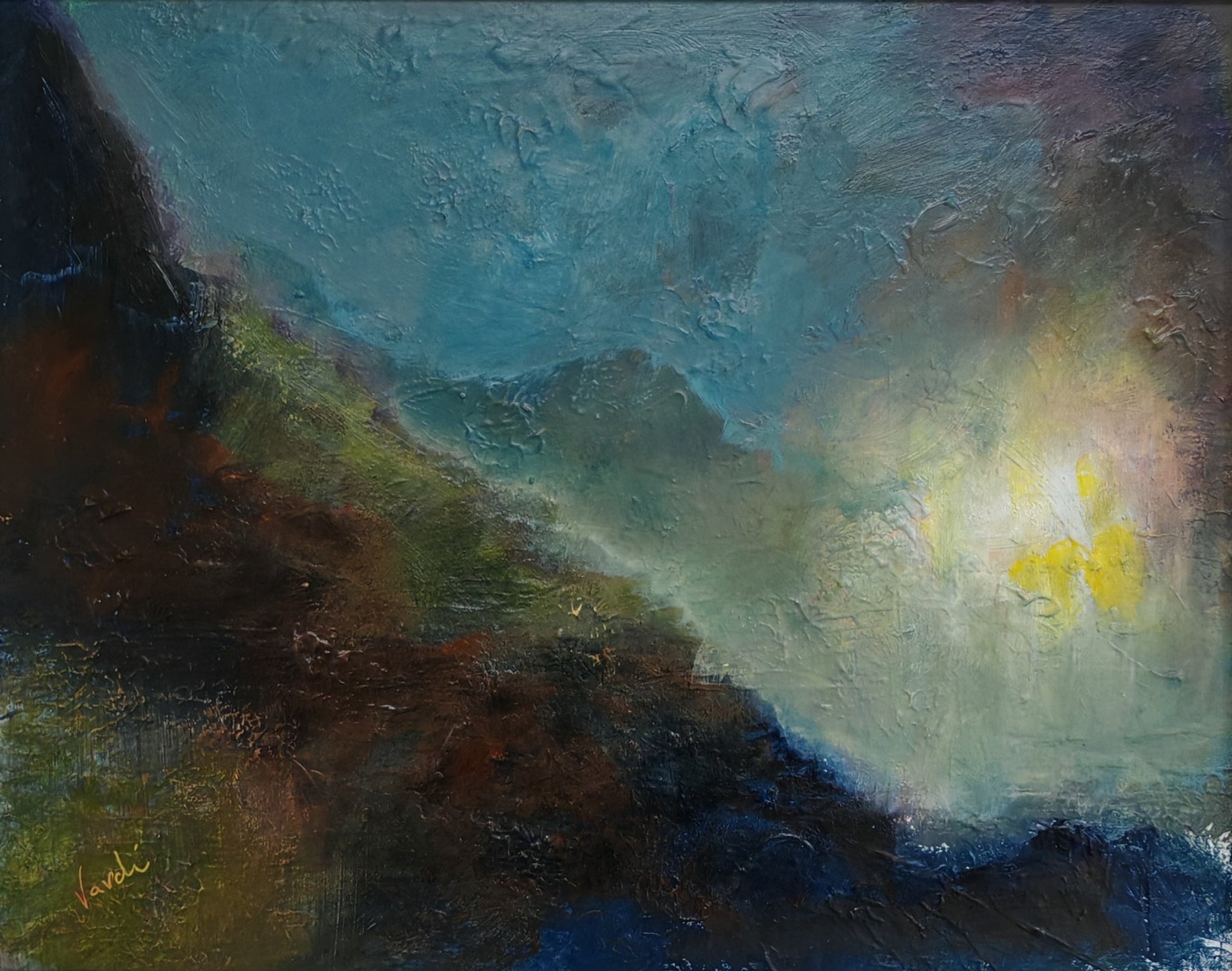 Framed painting of a landscape with a bright light source