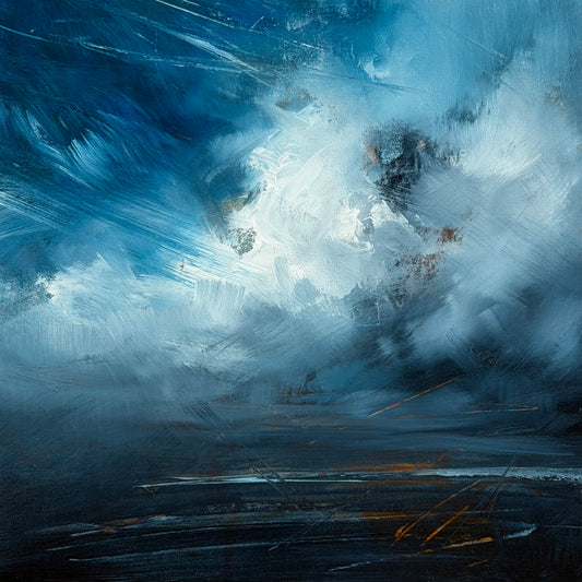 Abstract landscape painting with blue and white brush strokes