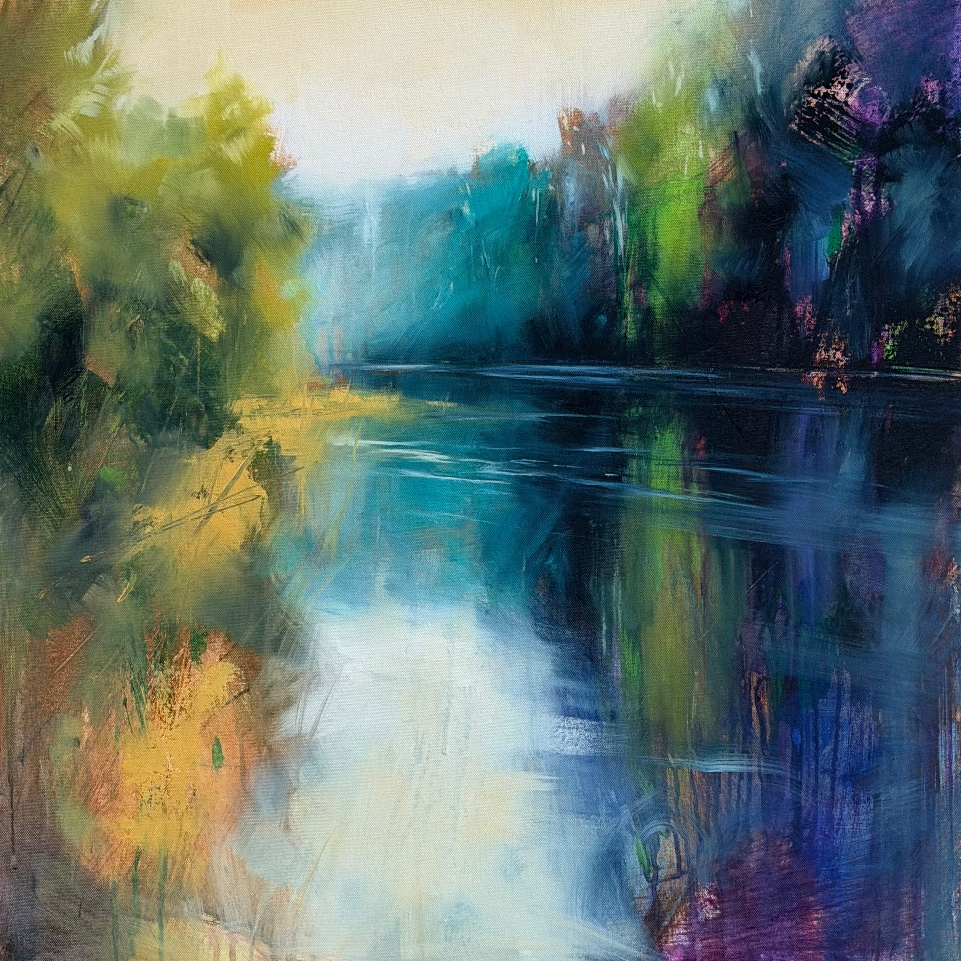 Abstract painting of a landscape with trees and water