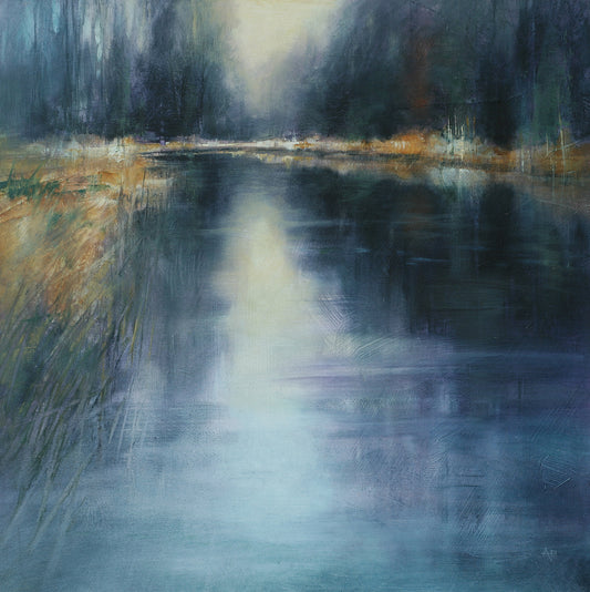 Abstract painting of a landscape with water, trees, and light