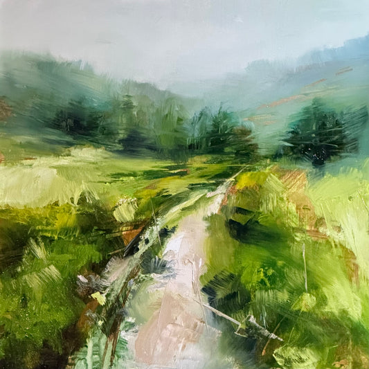 Painting of a winding road through a green landscape with trees.