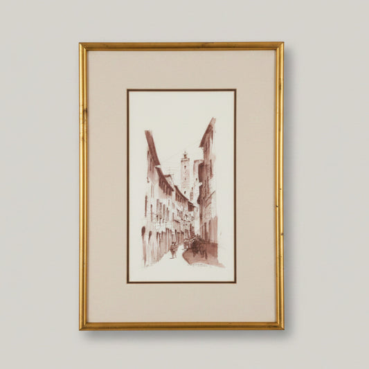 Framed ink and wash painting of a san gimignano