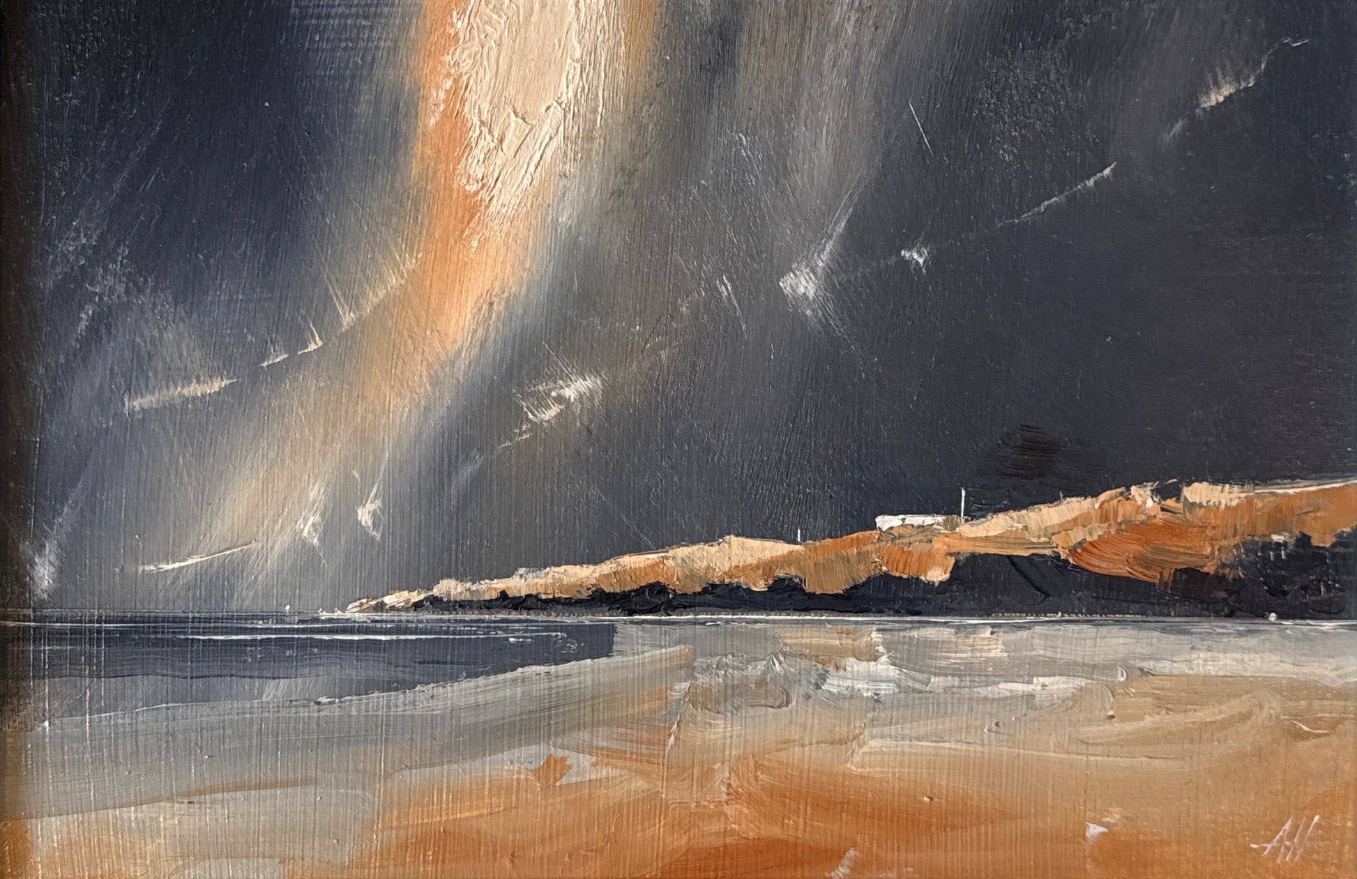 painting of a stormy beach scene at night.