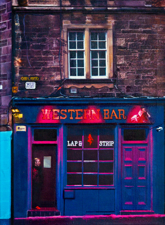 Blue building with 'Western Bar' sign and neon lights at night.