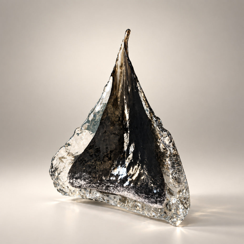 A sculptural glass object with a dark, textured central body and a clear, jagged transparent rim, displayed on a white pedestal in an art gallery setting with framed paintings in the background.
