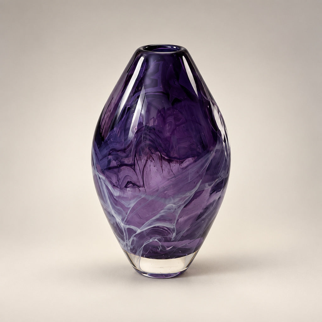 A purple glass vase with a rounded, bulbous shape and a flared base, sitting on a white table in an indoor room with green carpet and framed landscape paintings in the background.