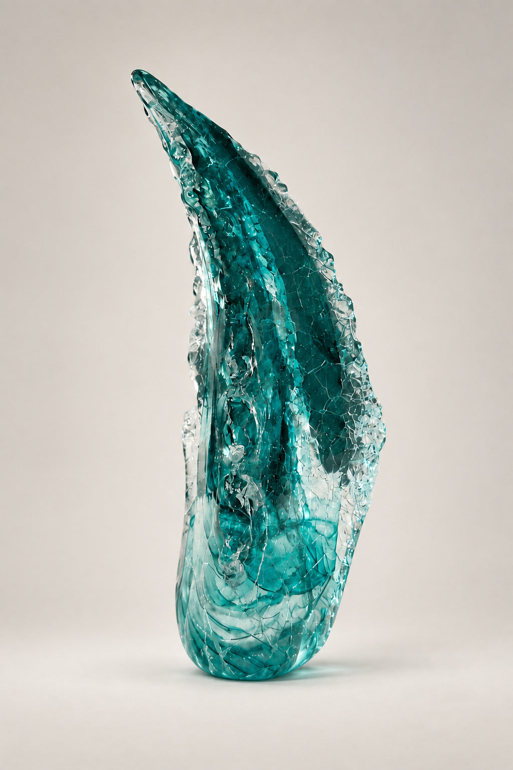 A translucent teal blue glass sculpture resembling a stylized wave or shell, displayed on a white table in an art gallery with framed paintings in the background.