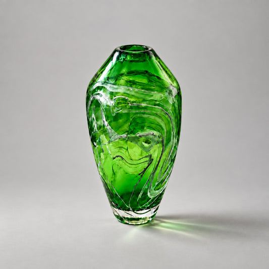 A green glass vase with a textured, swirling pattern sits on a white display pedestal in an art gallery or museum, with framed paintings visible in the background on a green carpeted floor.