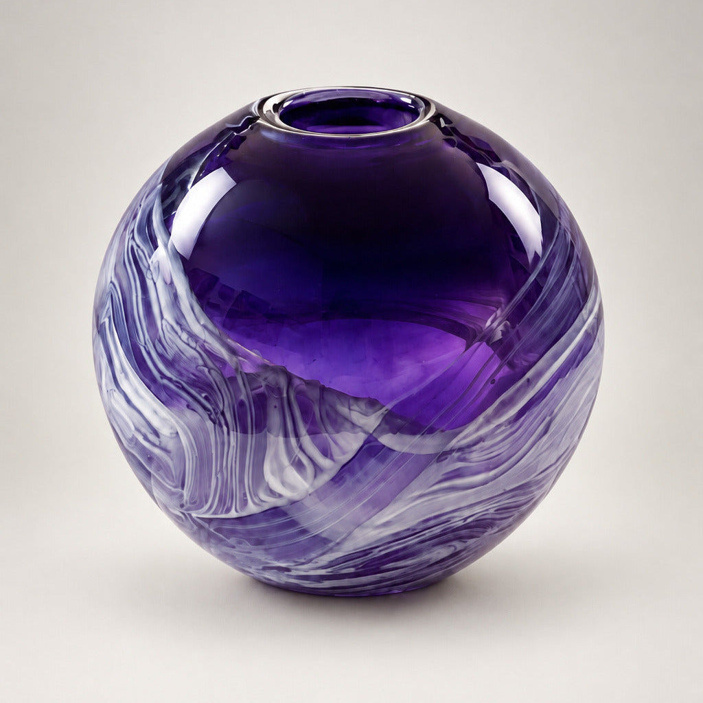 A glossy spherical ceramic vase with a deep purple and white marbled pattern, displayed on a white table in an indoor room with green carpeted floors.