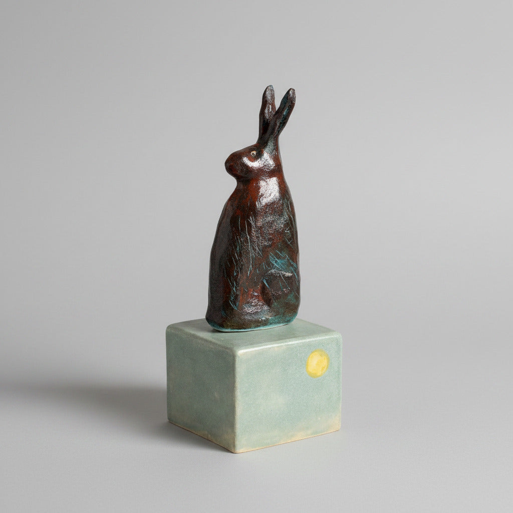 Bronze rabbit sculpture on a white pedestal with a textured white background
