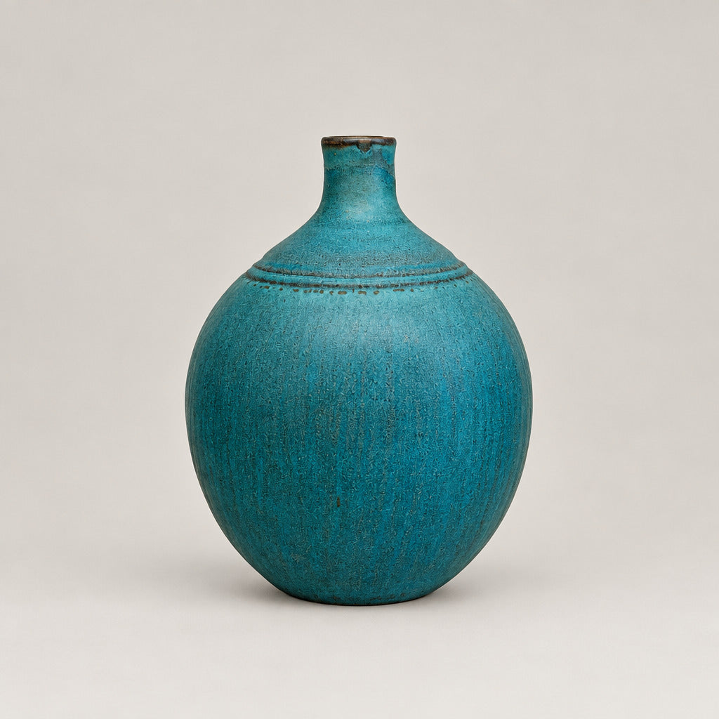 A  ceramic vase in a teal and turquoise glaze, displayed on a glass shelf against a textured off-white wall.