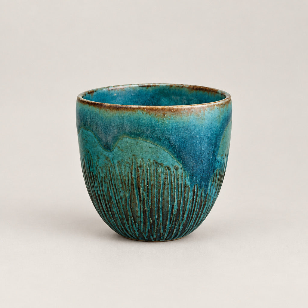 small ceramic bowl displayed on a glass shelf against a textured off-white wall.