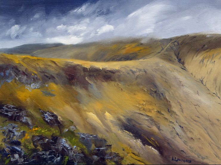 an oil painting of cloud topped hills in Scotland