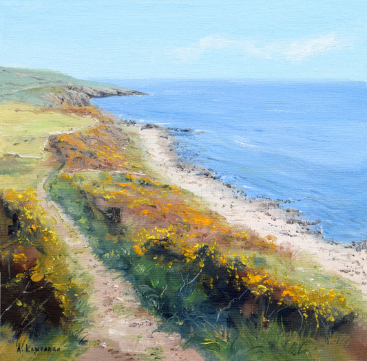 a painting of a coastal scene with craggy rocks and a beach.