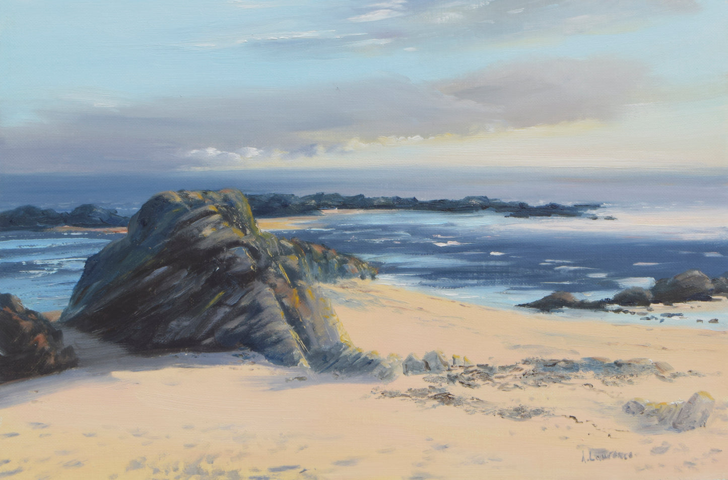 Scenic painting of a coastal landscape with rocks and water.
