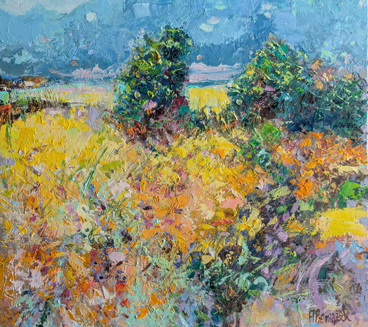 Colorful landscape painting with flowers and trees