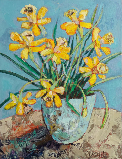 Artwork of yellow flowers on a textured blue background