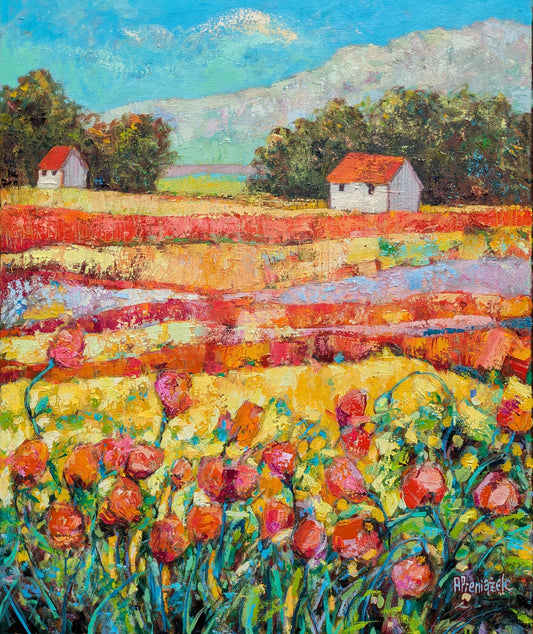Colorful landscape painting with tulips, houses, and mountains.