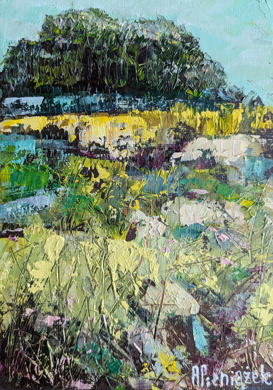 Artistic depiction of a landscape with trees and fields