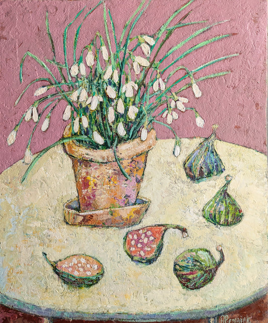 Still life painting with a pot of flowers and figs on a table against a pink background