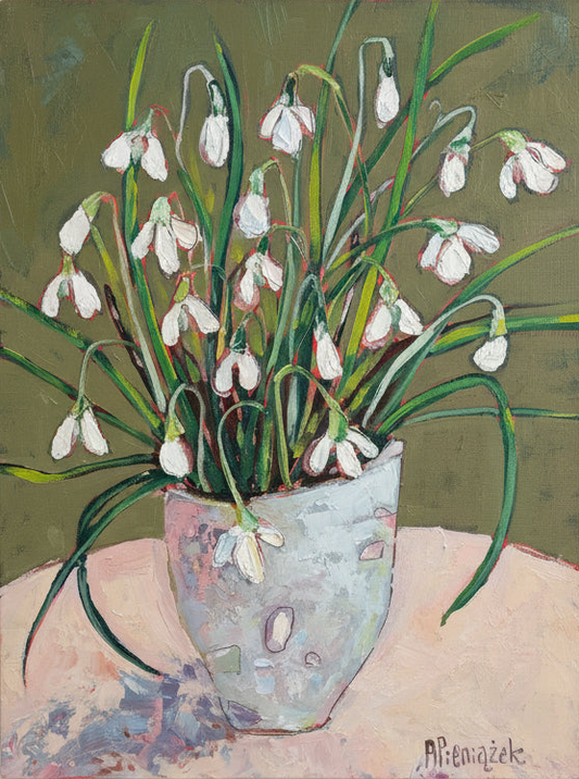 Painting of a vase with snowdrops on a textured surface