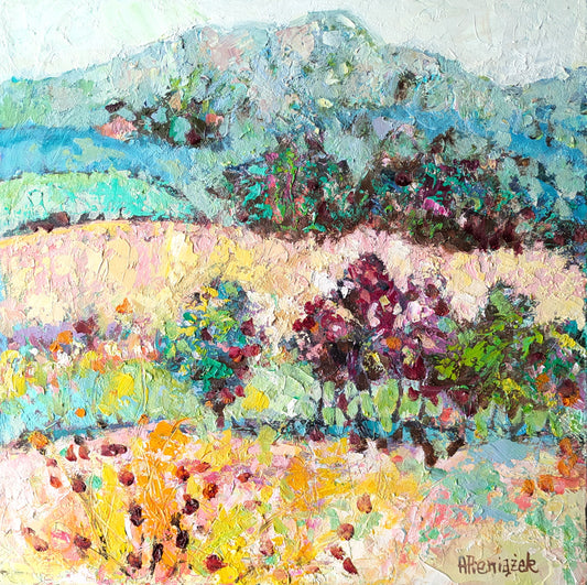 Colorful landscape painting with trees and fields
