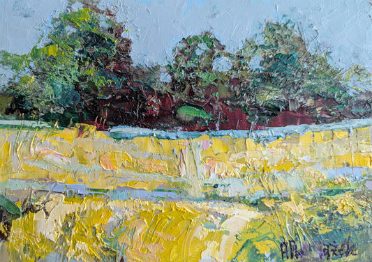 Painting of a landscape with yellow field and trees