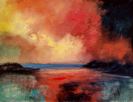 Abstract painting of a sunset over water with warm colors.