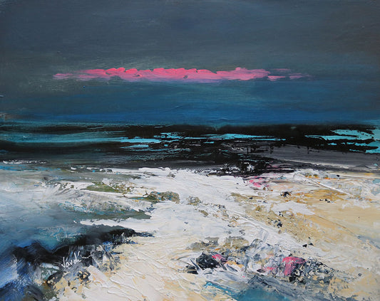 Abstract painting of a landscape with pink clouds and textured ground.