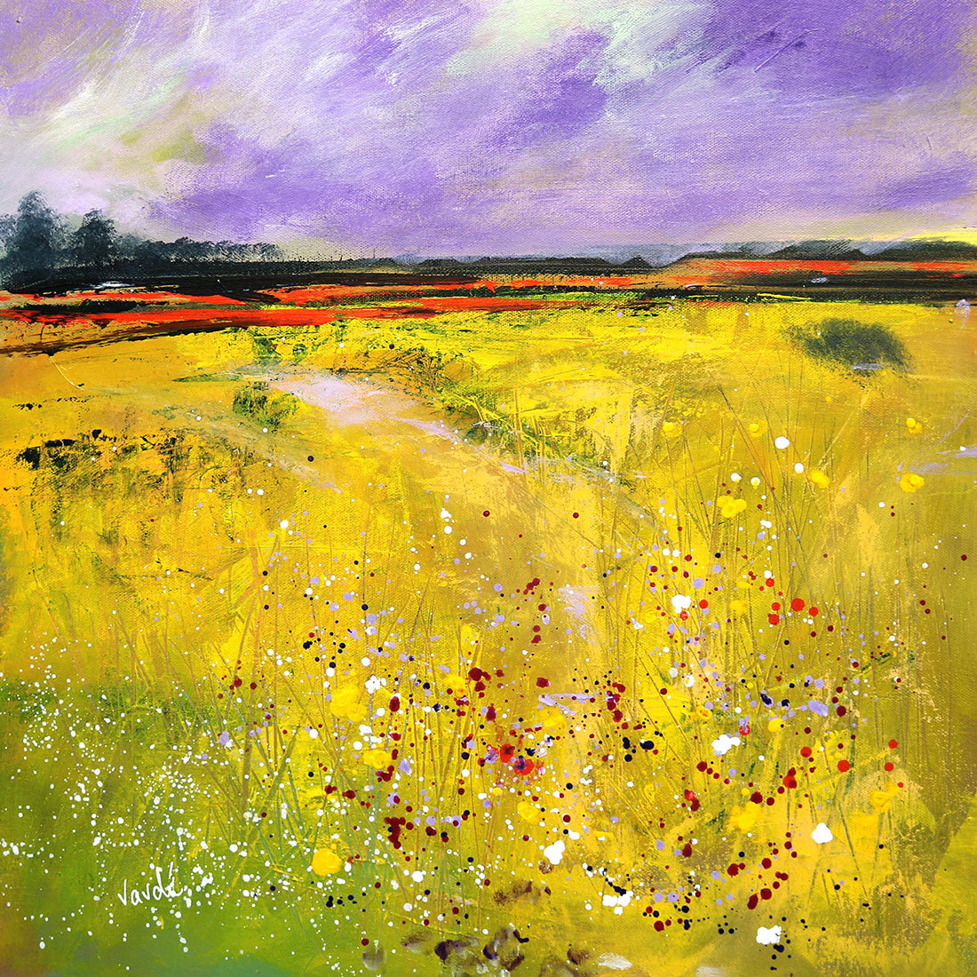 Painting of a field with yellow flowers and a purple sky