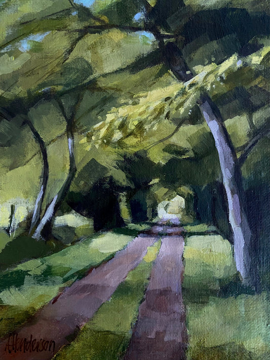 Painting of a forest path with trees and greenery