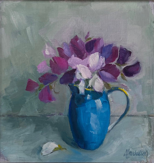 Painting of a blue pitcher with purple and white flowers on a textured green background