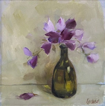Painting of a vase with purple flowers on a beige background