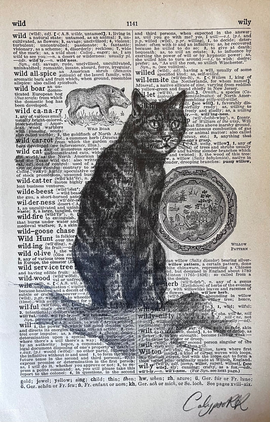 a drawing of a cat on a printed page of text