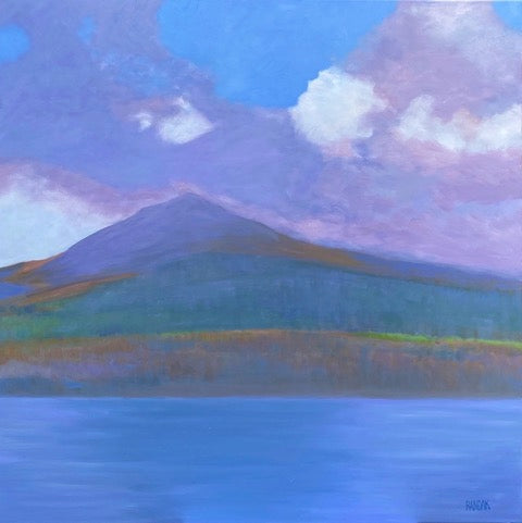 Painting of a mountain landscape with a blue sky and clouds.