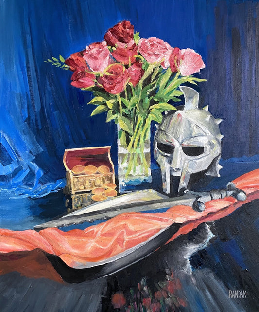 Still life painting with roses, helmet, and sword on a blue background