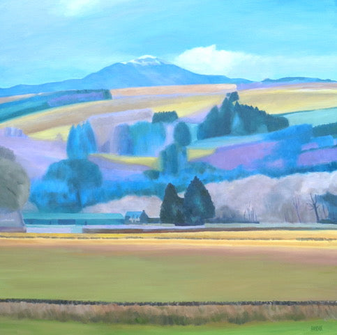 Colorful landscape painting with fields, trees, and mountains.