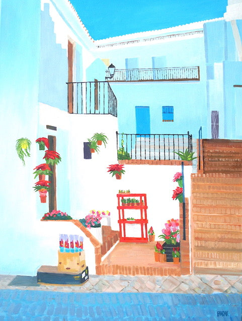 Colorful illustration of a patio with plants, flowers, and a blue sky.