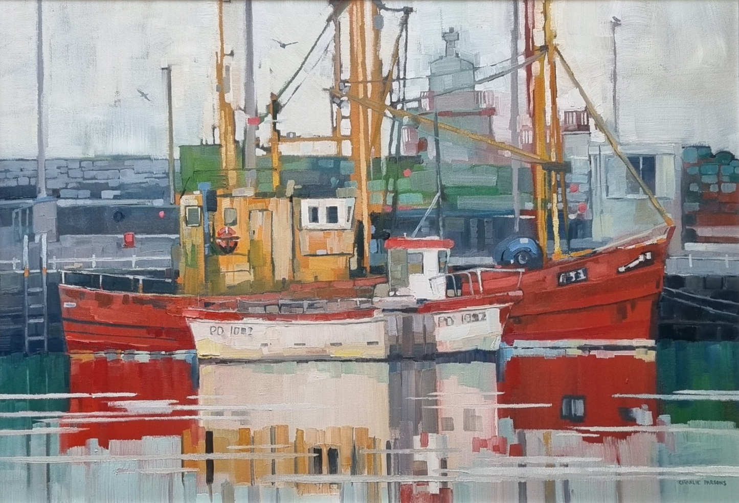 Artwork of a harbour scene with boats and industrial elements.