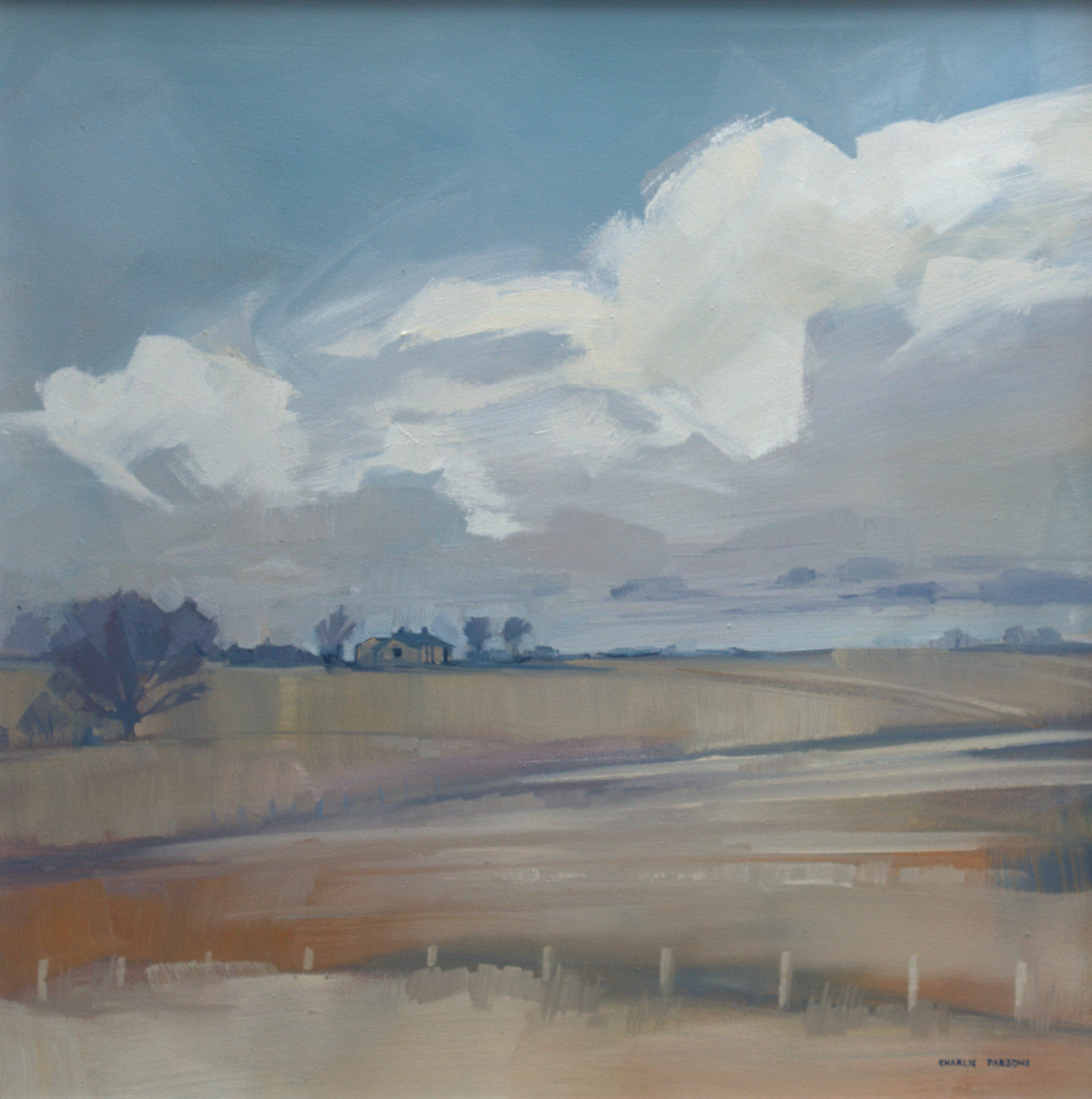 Painting of a landscape with fields and trees under a cloudy sky