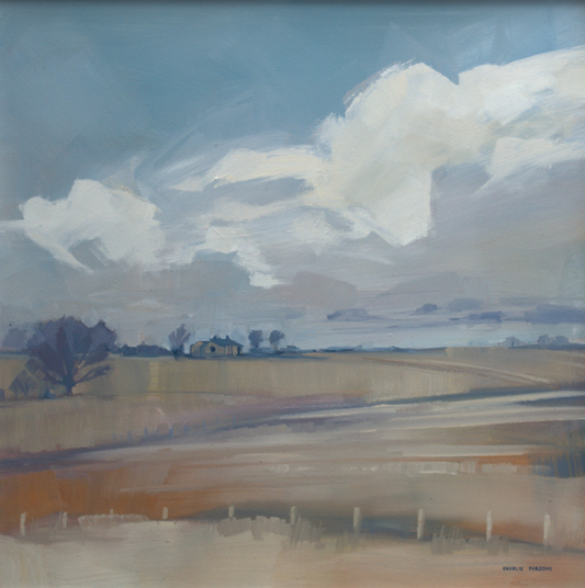 Painting of a landscape with fields and trees under a cloudy sky